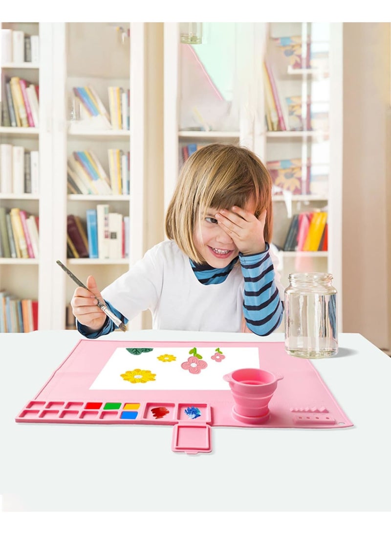 SYOSI Silicone Mat for Painting, Silicone Craft Mat - 20"X16" Art Mat with Detachable Cleaning Cups, 12 Color Zones, 2 Paint Zones for Kids Gifts, Clay, Make Mold, Art, DIY Creative and Play-Doh (Pink) - Image 4