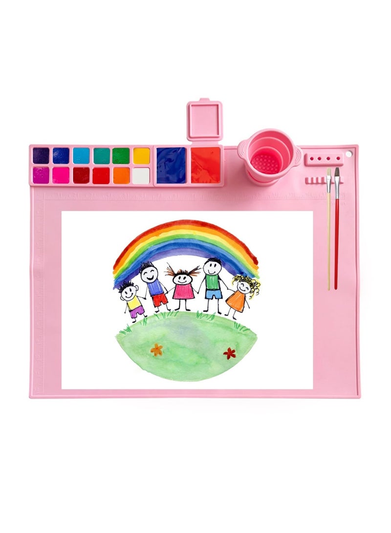 SYOSI Silicone Mat for Painting, Silicone Craft Mat - 20"X16" Art Mat with Detachable Cleaning Cups, 12 Color Zones, 2 Paint Zones for Kids Gifts, Clay, Make Mold, Art, DIY Creative and Play-Doh (Pink) - Image 1