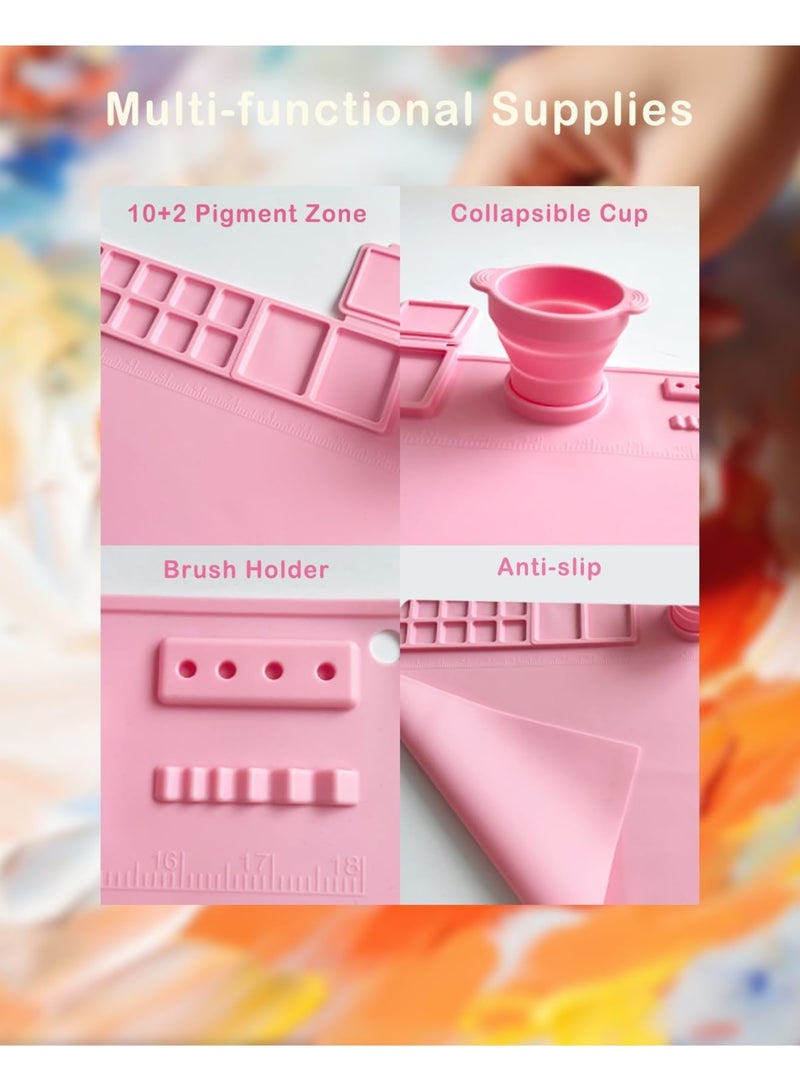 SYOSI Silicone Mat for Painting, Silicone Craft Mat - 20"X16" Art Mat with Detachable Cleaning Cups, 12 Color Zones, 2 Paint Zones for Kids Gifts, Clay, Make Mold, Art, DIY Creative and Play-Doh (Pink) - Image 3