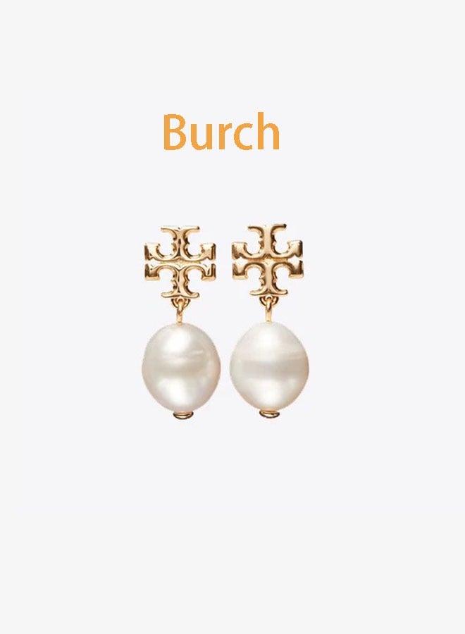 Burch Women's white pearl earrings, stud earrings, double T classic logo, exquisite, small and elegant - Image 1