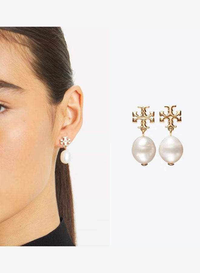 Burch Women's white pearl earrings, stud earrings, double T classic logo, exquisite, small and elegant - Image 2