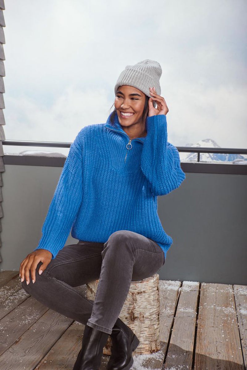 Tchibo Women Mock Neck Knitted Sweater, Blue - Image 1