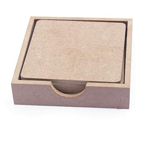 IVEI MDF DIY Coasters with Holder Stand - MDF Plain Wooden Coasters & Holder Blank Cutouts for Painting, Sheet Craft, Decoupage, Resin Art Work & Decoration (Square with Holder) - Image 1