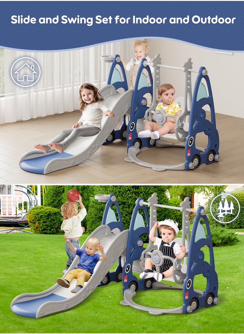 Indoor Outdoor Toddler Playground Set,4 in 1 Kids Slide and Swing Set,Kids Freestanding Swing Slide PlaySet with Basketball Hoop, Blue