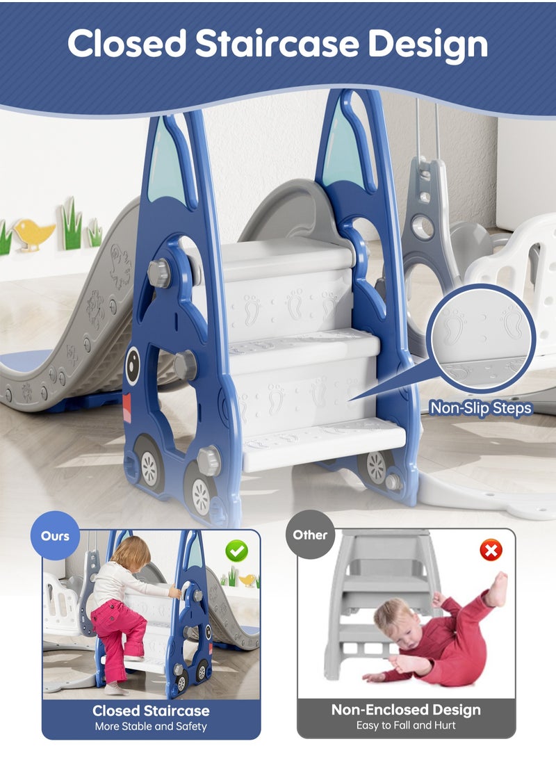 Indoor Outdoor Toddler Playground Set,4 in 1 Kids Slide and Swing Set,Kids Freestanding Swing Slide PlaySet with Basketball Hoop, Blue
