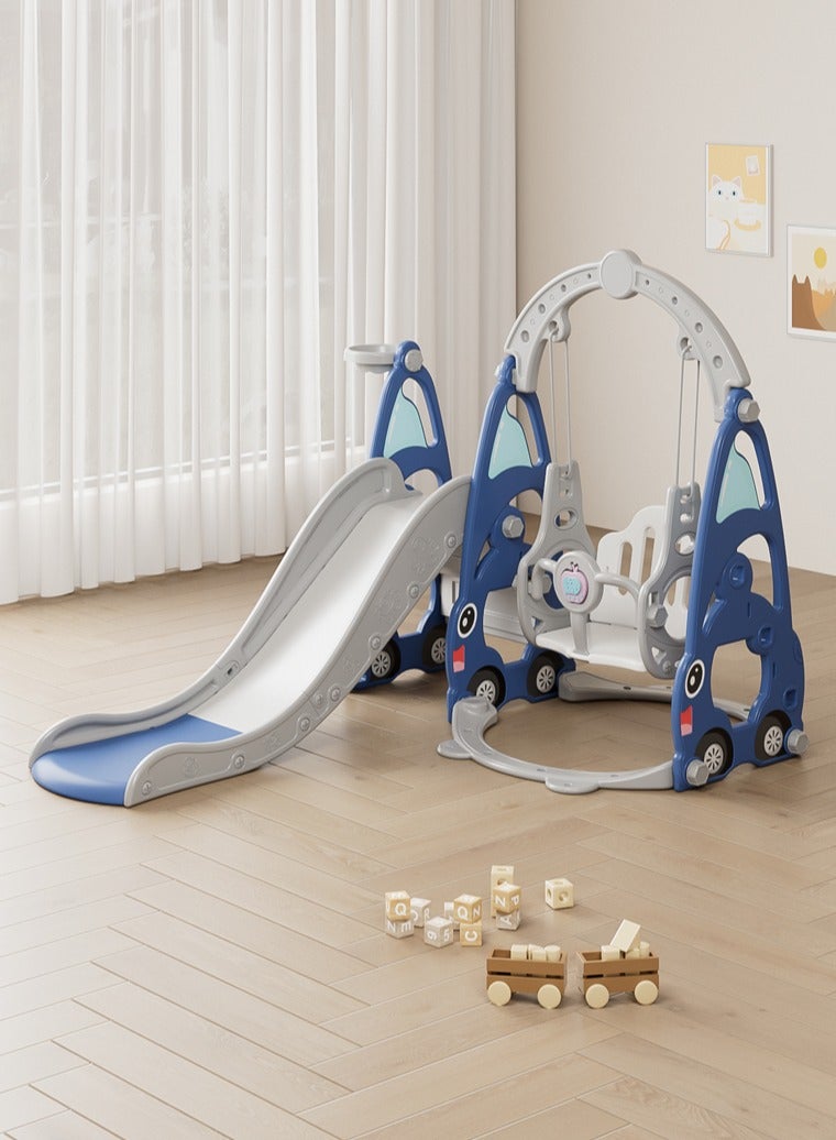 بوكولا مجموعة ملعب داخلي وخارجي للأطفال الصغار، مجموعة زحليقة وأرجوحة 4 في 1 للأطفال، مجموعة لعب زحليقة وأرجوحة مستقلة للأطفال مع طوق كرة سلة، لون أزرق - Image 1