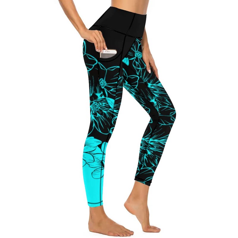 KevaMolly Yoga Pants with Phone Pockets for Women High Waisted Leggings Petite Length Workout Activewear Y2k Blue Flower Print - Image 2