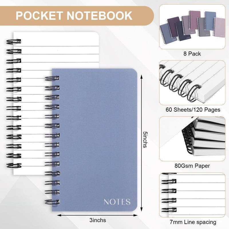 Thboxes 8 Pack Pocket Notebook, 3x5 Small Spiral Notebooks with 60 Sheets/120 Lined Pages Small Notebook Spiral Notepads Mini Note Pads Notebooks for School Office - Image 2