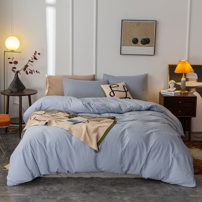 Janlive Washed Cotton Duvet Cover Queen Ultra Soft 100% Cotton Solid Color Light Blue Duvet Cover Set with Zipper Closure -3 Pieces Light Blue Queen - Image 1