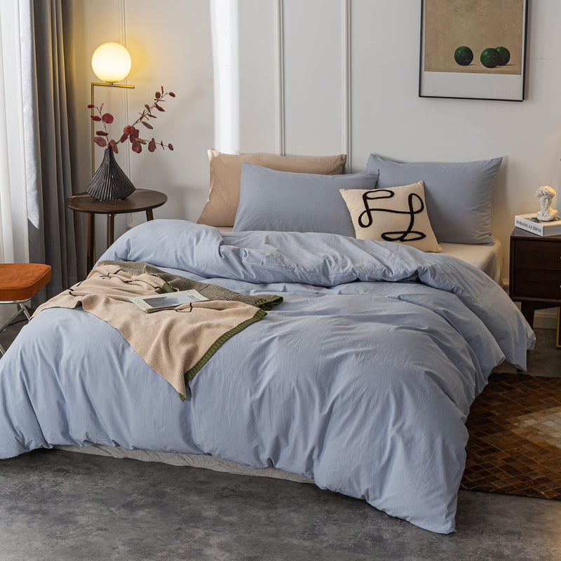 Janlive Washed Cotton Duvet Cover Queen Ultra Soft 100% Cotton Solid Color Light Blue Duvet Cover Set with Zipper Closure -3 Pieces Light Blue Queen - Image 2