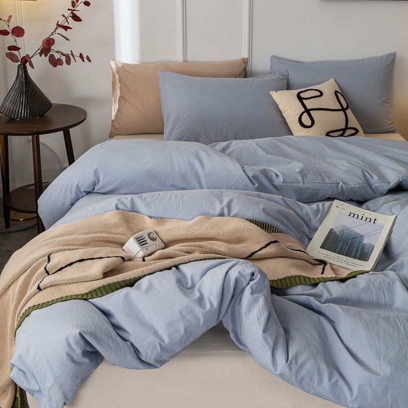Janlive Washed Cotton Duvet Cover Queen Ultra Soft 100% Cotton Solid Color Light Blue Duvet Cover Set with Zipper Closure -3 Pieces Light Blue Queen - Image 4