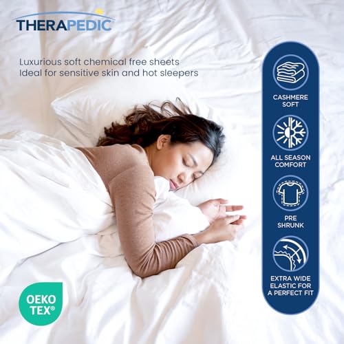 Therapedic 100% Egyptian Cotton Queen 6-Piece Sheet Set – Naturally Cooling & Breathable Sateen, Preshrunk Garment Wash, 16" Deep Pocket Fitted Sheet, Bonus Pillowcases, Soft & Durable - White - Image 2
