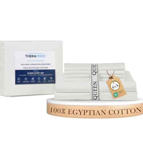 Therapedic 100% Egyptian Cotton Queen 6-Piece Sheet Set – Naturally Cooling & Breathable Sateen, Preshrunk Garment Wash, 16" Deep Pocket Fitted Sheet, Bonus Pillowcases, Soft & Durable - White - Image 1