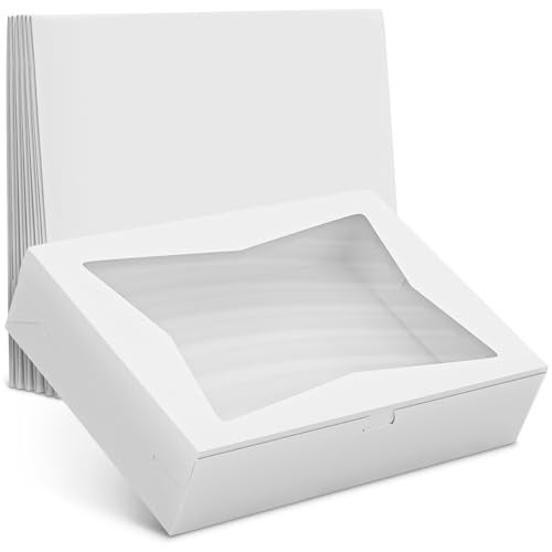 10 Pcs Half Sheet Cake Boxes 19x14x4 In White Bakery Boxes with Window Glossy Finish and Flip Top Strong Cardboard Easy Assemble Secure Transport Great for Cookies Cakes Donuts and Gifting