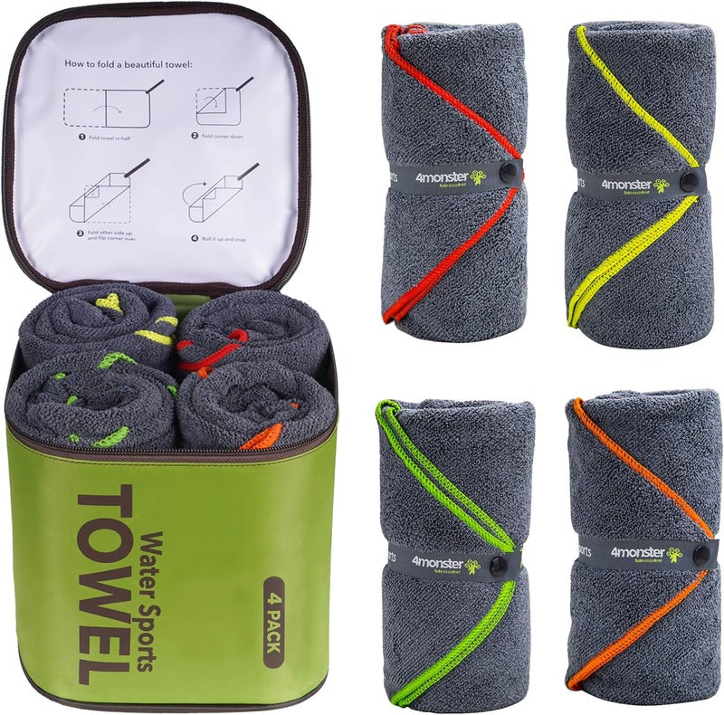 4Monster 4 Pack Microfiber Camping Towel Quick Dry, Super Absorbent Travel Towel with Waterproof Bag, Lightweight Boat Towel for RV, Sport, Gym, Beach, Pool, Swim,Family Trip - Image 1