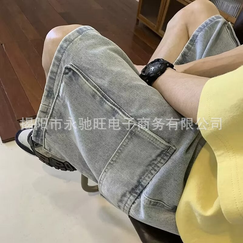 Summer Thin American Style Trendy Brand Workwear Casual Straight Pants Denim Shorts Mens Loose Straight Pants light blue  - Image 1