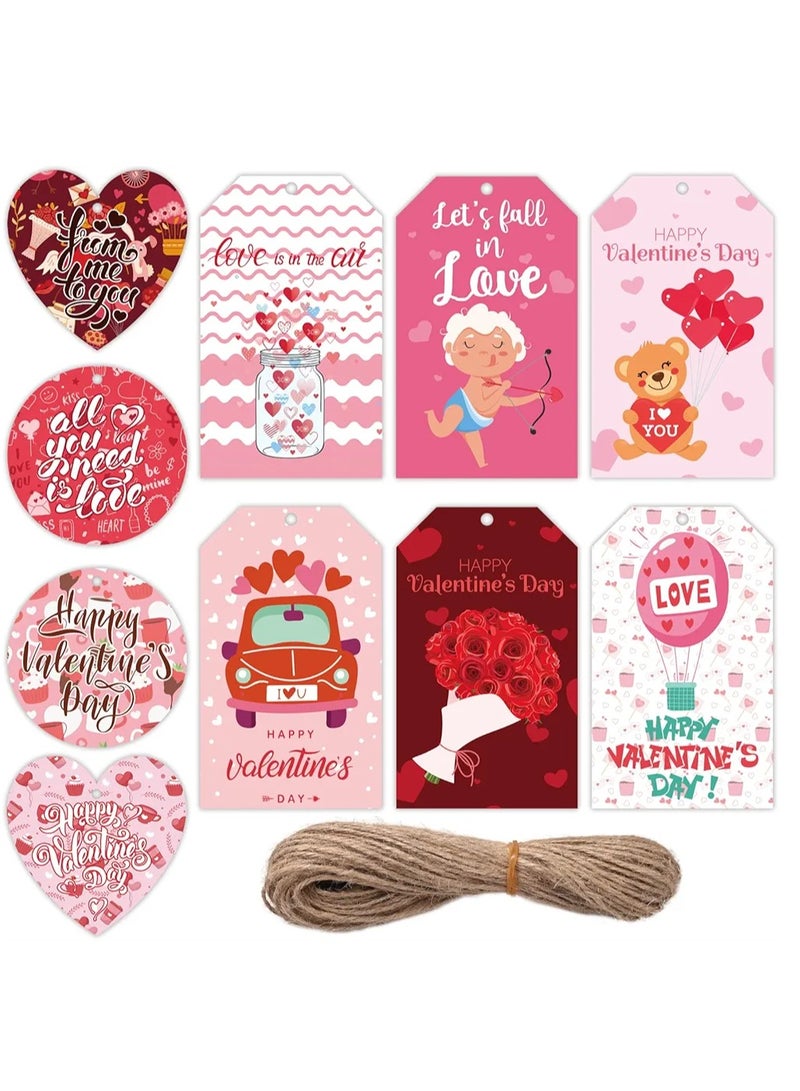 100pcs Valentine's Day Gift Tags, 10 Styles 3 Shapes Valentines Tags, Heart Gift Tags Labels Round Double Sided Hanging Paper Ornaments for Wedding Party Gift Wrapping, with 65.6ft Rope - Image 1