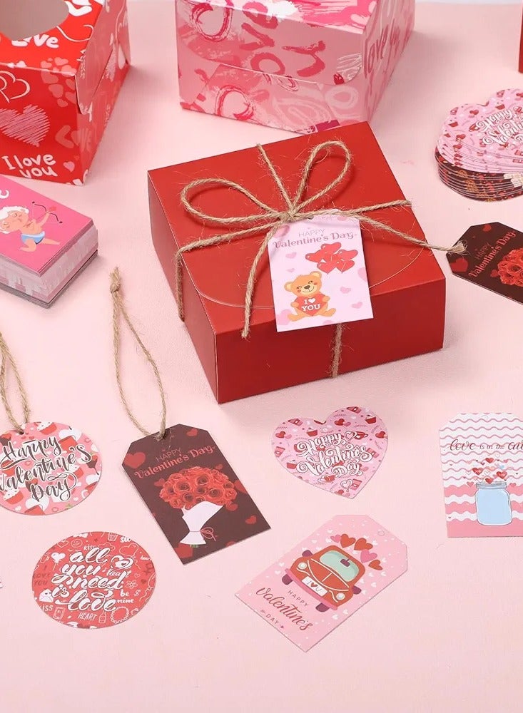 100pcs Valentine's Day Gift Tags, 10 Styles 3 Shapes Valentines Tags, Heart Gift Tags Labels Round Double Sided Hanging Paper Ornaments for Wedding Party Gift Wrapping, with 65.6ft Rope - Image 2