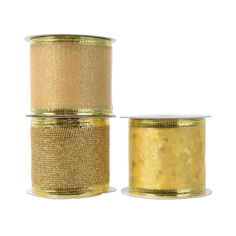 Kaemingk شريط بوليستر كامينغك مع لمعة وورق ألمنيوم - شريط زينة ذهبي لتغليف هدايا عيد الميلاد، الحرف اليدوية وزينة العطلات