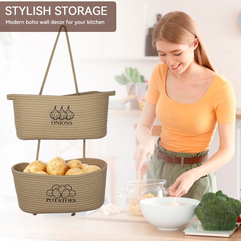 Xbopetda 2-Tier Potato and Onion Storage, Hanging Vegetable Baskets for Kitchen, Potato Bin Onion Basket Behind the Door Storage with Pothook, Cotton Rope Produce Storage Organizer Bag Decorative - Image 5