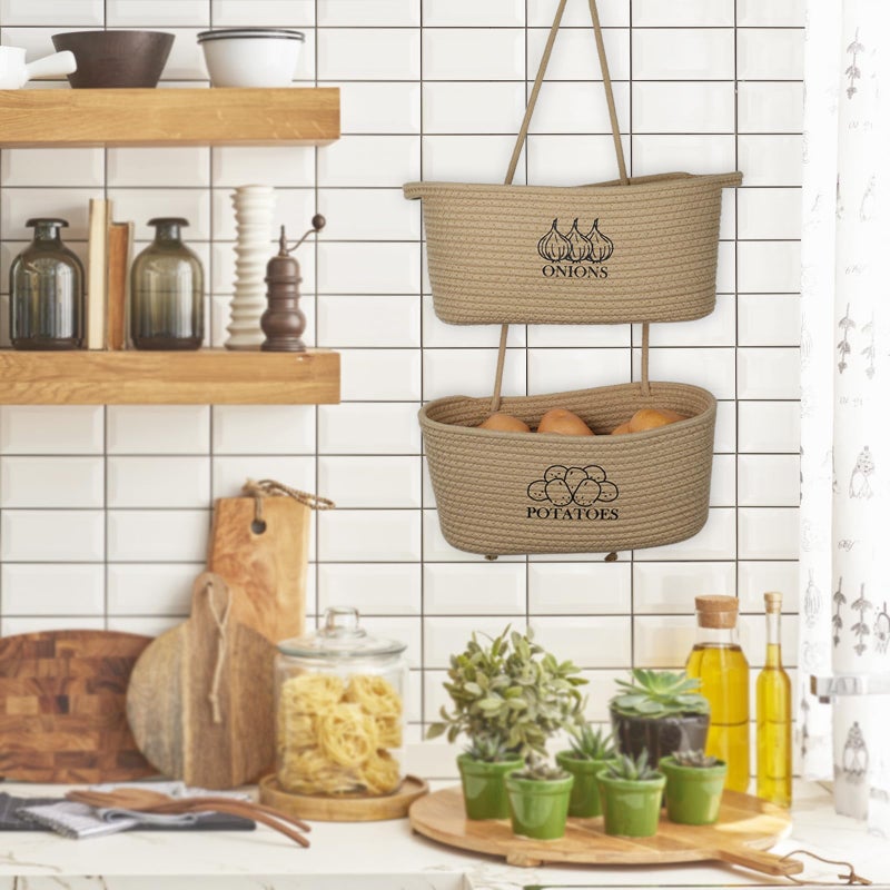 Xbopetda 2-Tier Potato and Onion Storage, Hanging Vegetable Baskets for Kitchen, Potato Bin Onion Basket Behind the Door Storage with Pothook, Cotton Rope Produce Storage Organizer Bag Decorative - Image 3
