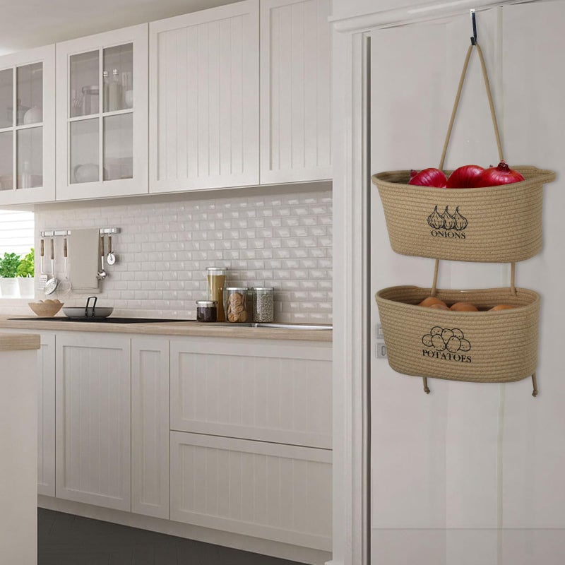 Xbopetda 2-Tier Potato and Onion Storage, Hanging Vegetable Baskets for Kitchen, Potato Bin Onion Basket Behind the Door Storage with Pothook, Cotton Rope Produce Storage Organizer Bag Decorative - Image 4