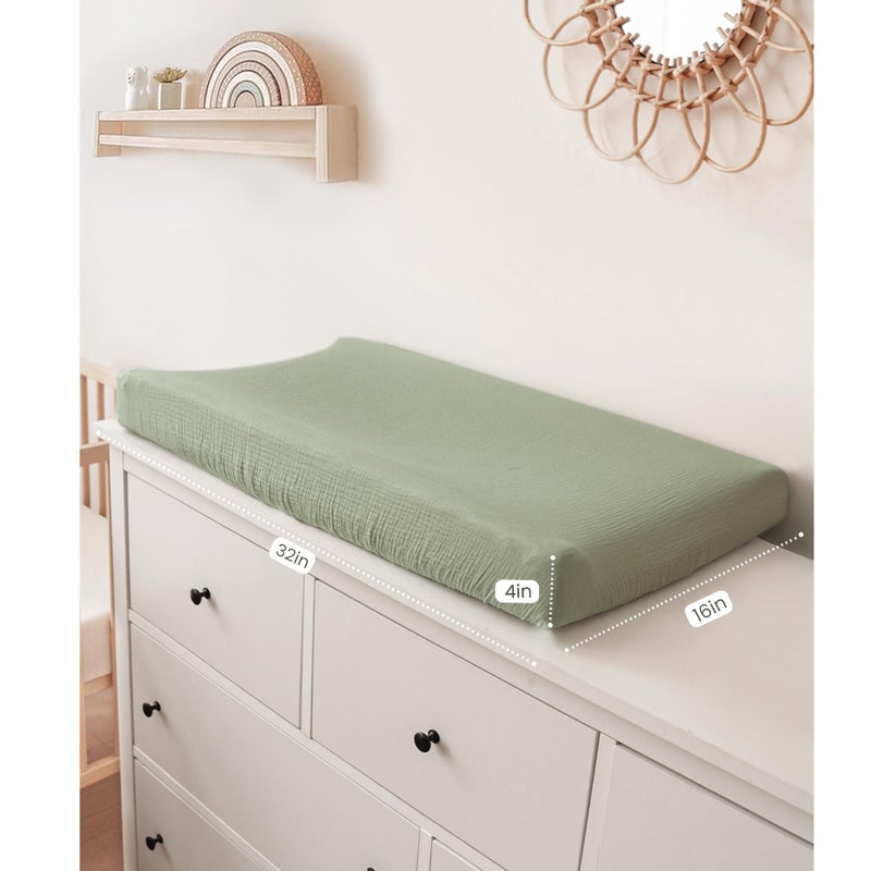 Konssy 2 Pack Muslin Changing Pad Covers for Boys, Ultra Soft & Breathable Cotton Baby Diaper Changing Table Covers, Neutral Nursery Diaper Changing Pad Sheets (Fog Green,Cream) - Image 4