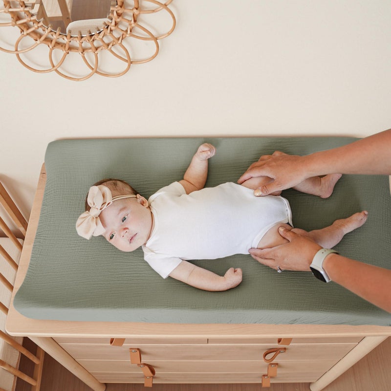 Konssy 2 Pack Muslin Changing Pad Covers for Boys, Ultra Soft & Breathable Cotton Baby Diaper Changing Table Covers, Neutral Nursery Diaper Changing Pad Sheets (Fog Green,Cream) - Image 2