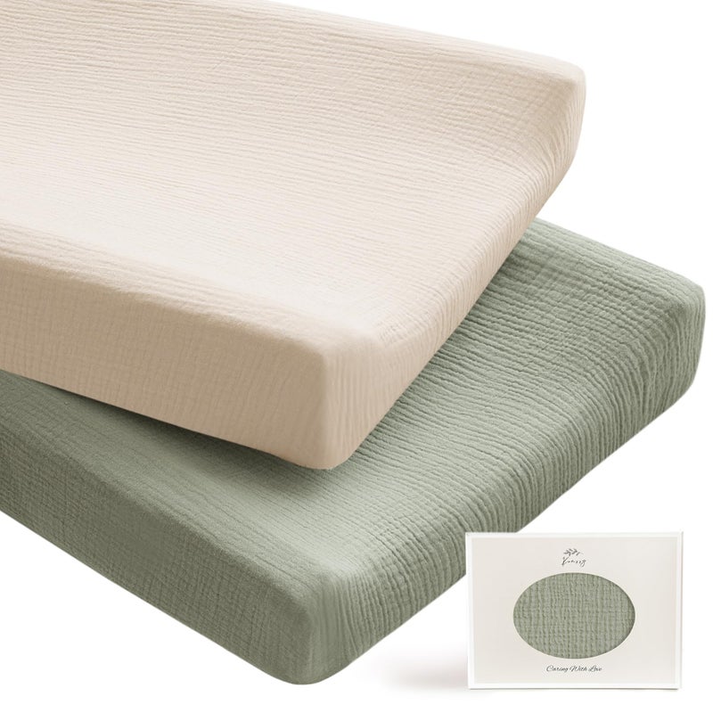 Konssy 2 Pack Muslin Changing Pad Covers for Boys, Ultra Soft & Breathable Cotton Baby Diaper Changing Table Covers, Neutral Nursery Diaper Changing Pad Sheets (Fog Green,Cream) - Image 1
