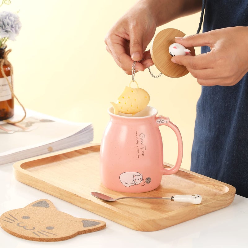 BigNoseDeer Kawaii Tea Cup with Infuser Cute Cat Mug Ceramic Coffee Mug Tea Mug Pink Cute Cool Preppy Stuff Gifts for Women Cat lover Gifts 13oz - Image 3