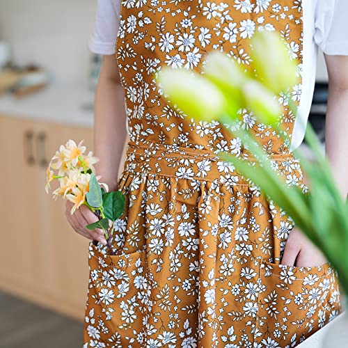 Pinknoke Vintage Pinafore Apron Dress for Women with Pockets Cute Floral Chef Aprons for Kitchen Cooking Baking Gardening (Tawny) - Image 4