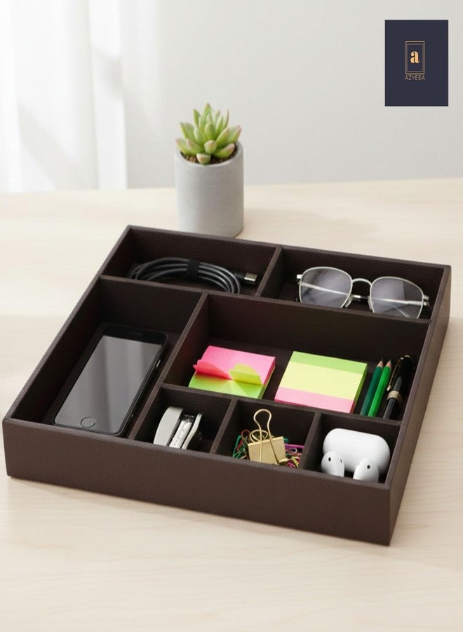AZYEEA - Faux Leather 7 Compartment Tray Organiser for Men All Trey for Entryway Table Key, Wallet, Watch, Coin Change, Phone, Dresser Organizer EDC Dump Jewelry, Desk-top Catchall Tray Colour Brown - Image 4