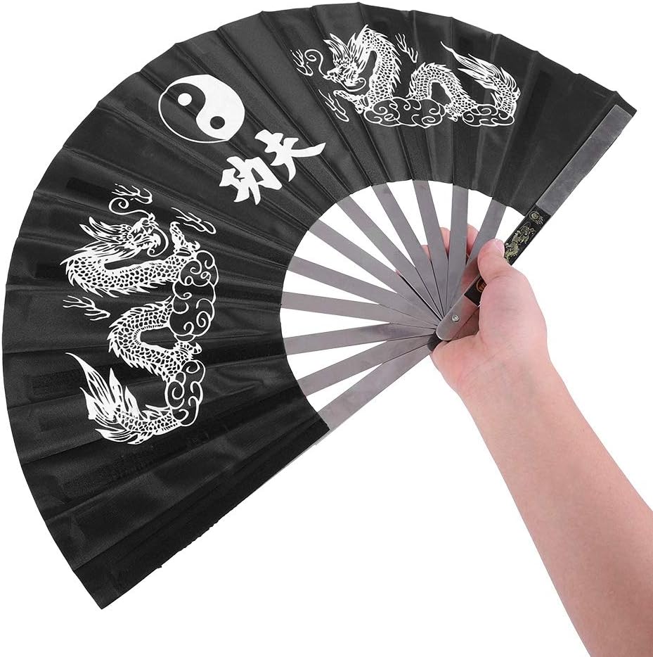 Maxmartt Folding Hand Fan Stainless Steel Tai Chi Fan Kung Fu Fan Karate Fans Chinese Fan Martial Arts Fan Kung Fu Fighting Fans Wushu Fan for Performance Dance Black