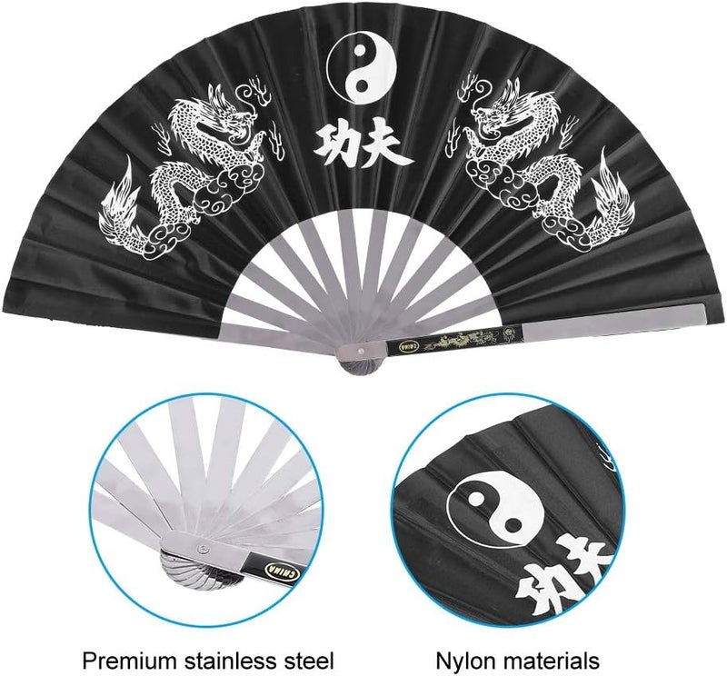 Maxmartt مروحة يدوية قابلة للطي من ماكس مارت، مروحة تاي تشي من الفولاذ المقاوم للصدأ، مروحة كونغ فو، مروحة كاراتيه، مروحة صينية، مروحة فنون القتال، مروحة كونغ فو للقتال، مروحة ووشو للأداء والرقص، سوداء - Image 4