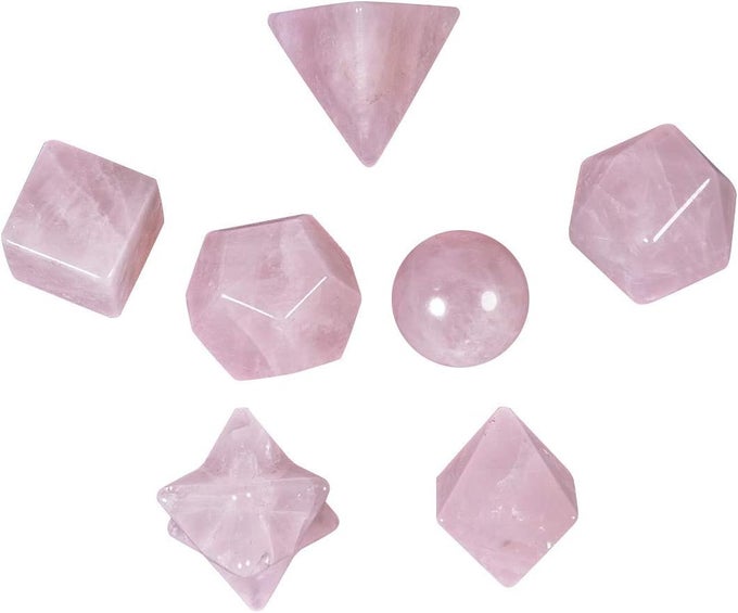 PLATONIC SOLIDS SACRED GEOMETRY SET OF 7, NATURAL SACRED GEMSTONES KIT WITH MERKABA STAR FOR REIKI HEALING MEDITATION WICCA, ROSE QUARTZ