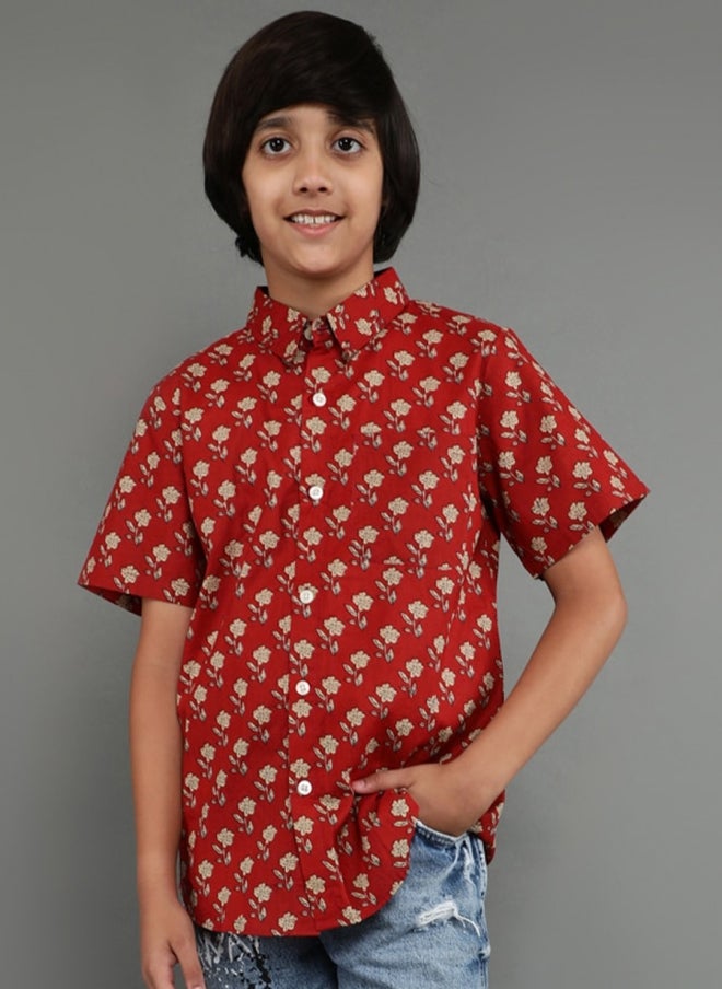 أيه كيه إس قميص كاجوال مطبوع بنقاط بولكا باللون الصدئ للأولاد - Image 1