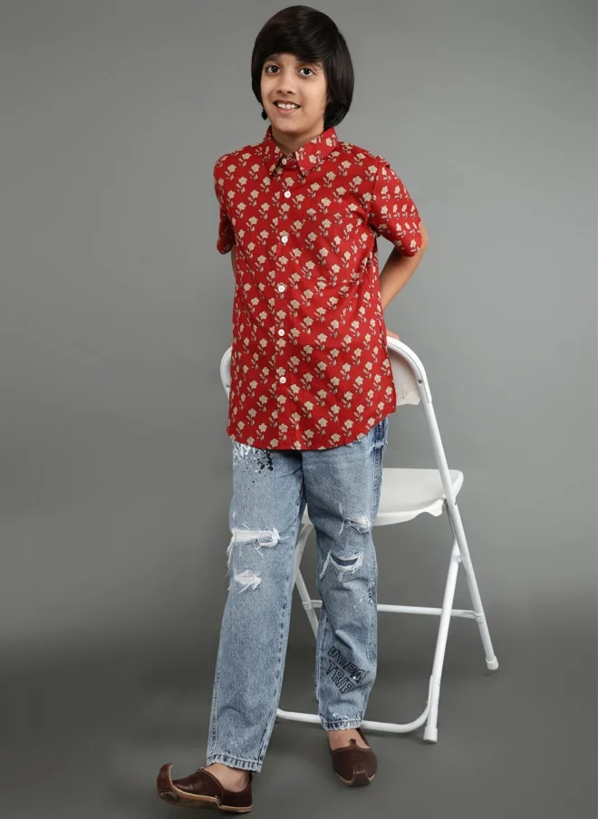 AKS Rust Polka Dot Printed Casual Shirt for Boys