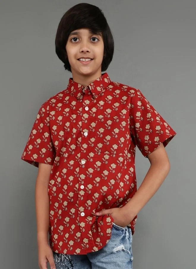 أيه كيه إس قميص كاجوال مطبوع بنقاط بولكا باللون الصدئ للأولاد