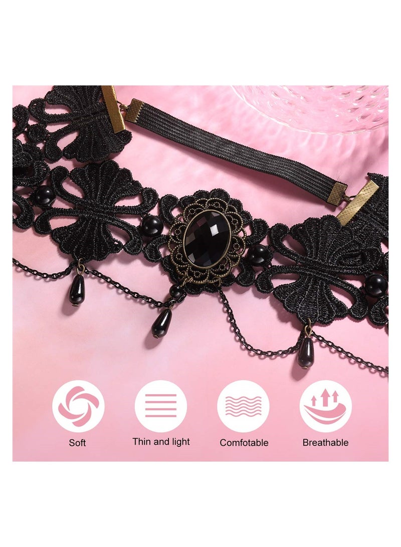 Excefore Forehead Chain Black Pearl Lace Elastic Headband Crown Headband Tiara, Chain Vintage Rhinestone Crystal Pendant Tiara Headband Wedding Prom Women Girls Hair Accessories - Image 4