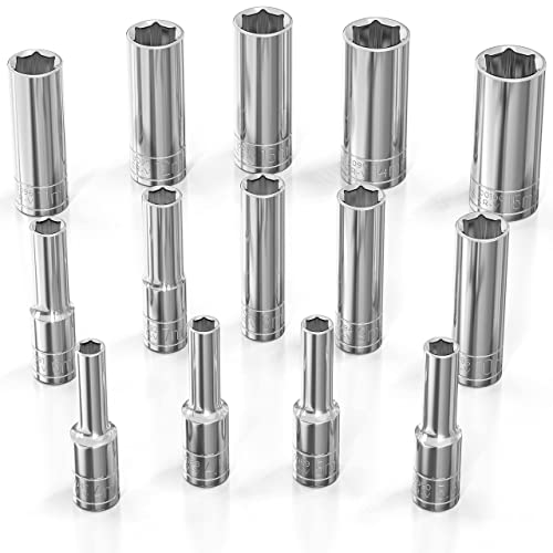Olsa Tools Metric Deep Socket Set - 1/4-Inch Drive, 14pc - 6-Point Chrome Sockets from 4mm–15mm and No Skipped Sizes - Mechanic Deep Metric Socket Set - Professional Grade Long Sockets - Part: 1327 - Image 1