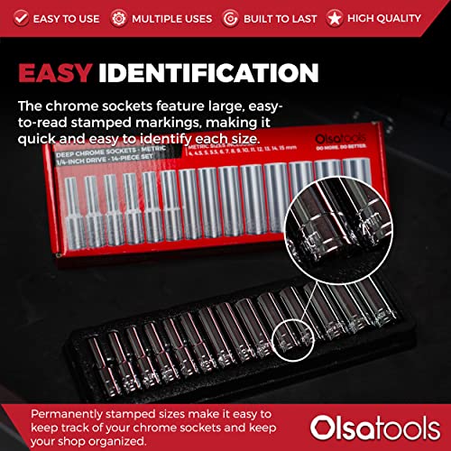 Olsa Tools Metric Deep Socket Set - 1/4-Inch Drive, 14pc - 6-Point Chrome Sockets from 4mm–15mm and No Skipped Sizes - Mechanic Deep Metric Socket Set - Professional Grade Long Sockets - Part: 1327 - Image 3