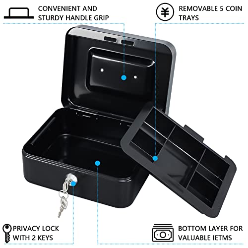 Kyodoled Medium Cash Box with Money Tray,Small Safe Lock Box with Key,Cash Drawer,7.87"x 6.30"x 3.54" Black Medium - Image 4