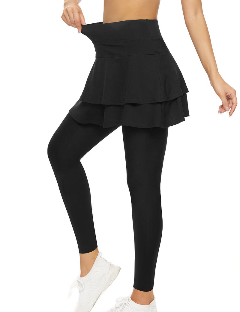 Tennis Skirted Leggings with Pockets for Women Golf Skapri Leggings with Skirt S 2Layer Black