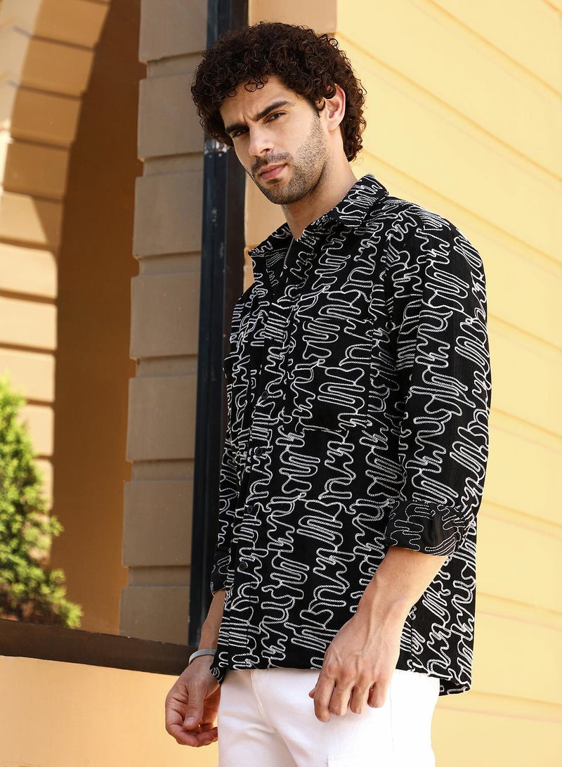 Campus Sutra Men's Onyx Black Groovy-Stitch Corduroy Oversized Shirt - Image 3