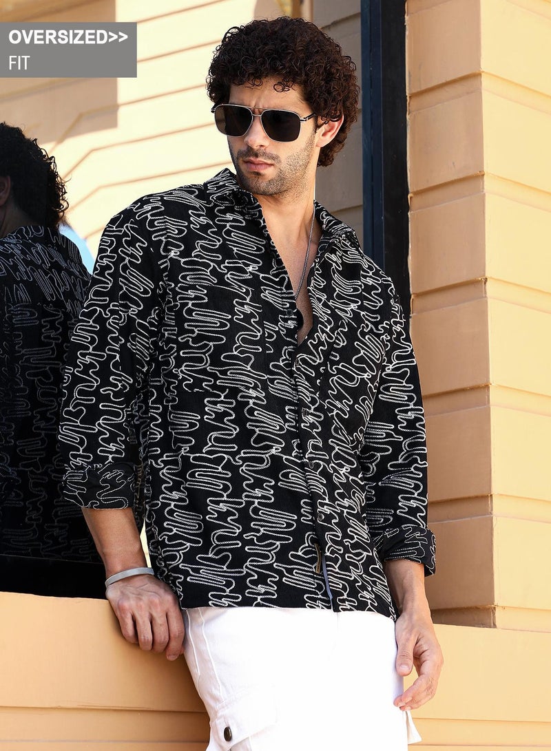 Campus Sutra Men's Onyx Black Groovy-Stitch Corduroy Oversized Shirt - Image 1