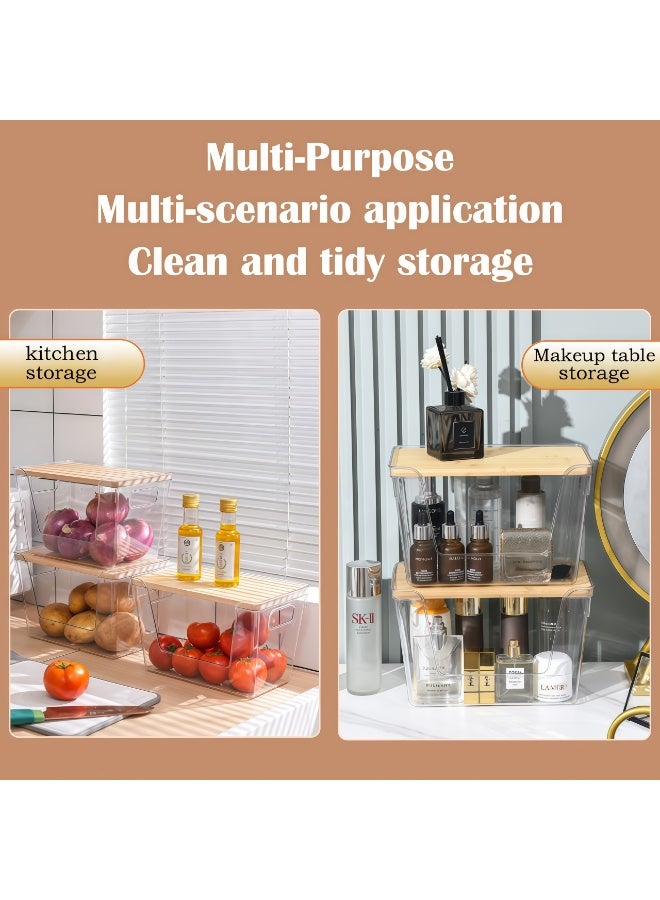 Set of 2 Transparent Storage Bins with Wood Lid, 11.4" x 7.1" x 7.1" Stackable Plastic Organizer Bins for Kitchen Pantry, Cabinet, Bathroom Countertop, Clear Containers with Handle for Makeup, Spices, Snacks - Image 2