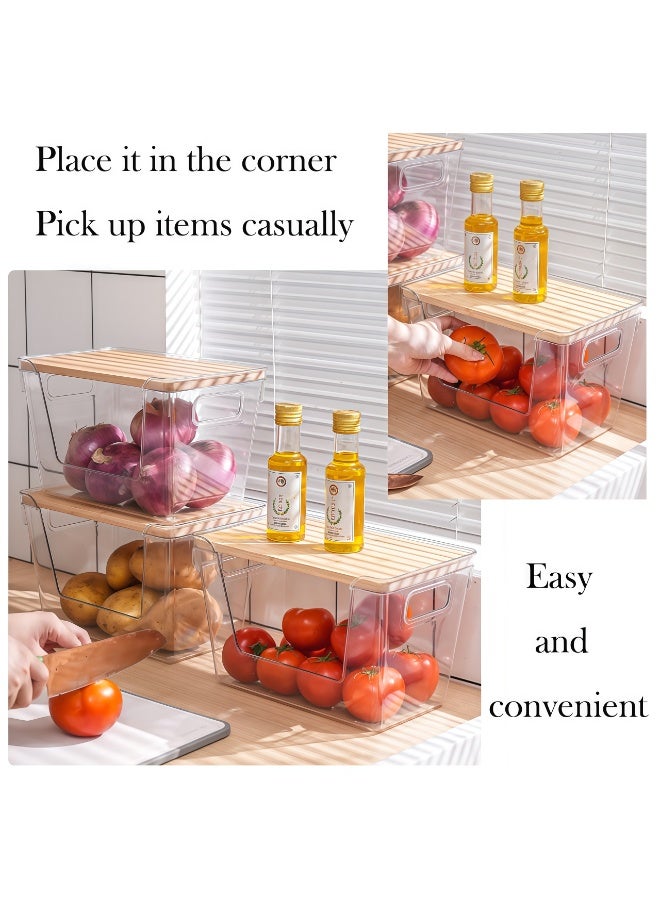 Set of 2 Transparent Storage Bins with Wood Lid, 11.4" x 7.1" x 7.1" Stackable Plastic Organizer Bins for Kitchen Pantry, Cabinet, Bathroom Countertop, Clear Containers with Handle for Makeup, Spices, Snacks - Image 5