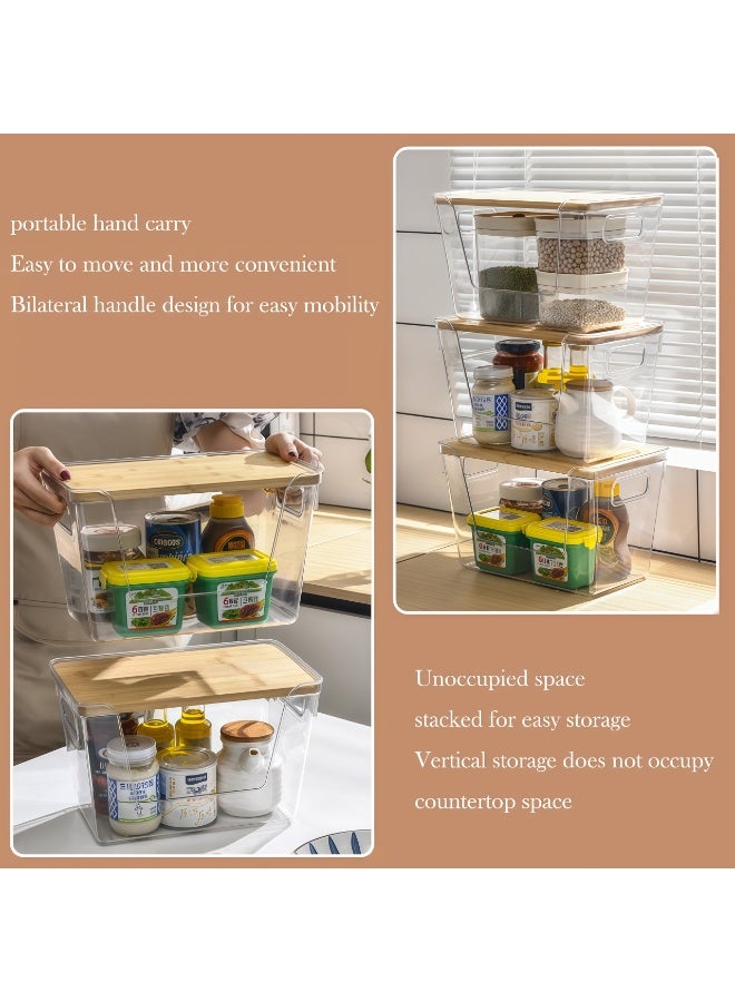 Set of 2 Transparent Storage Bins with Wood Lid, 11.4" x 7.1" x 7.1" Stackable Plastic Organizer Bins for Kitchen Pantry, Cabinet, Bathroom Countertop, Clear Containers with Handle for Makeup, Spices, Snacks - Image 4