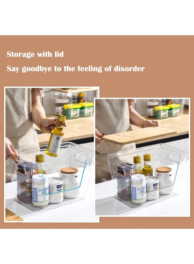 Set of 2 Transparent Storage Bins with Wood Lid, 11.4" x 7.1" x 7.1" Stackable Plastic Organizer Bins for Kitchen Pantry, Cabinet, Bathroom Countertop, Clear Containers with Handle for Makeup, Spices, Snacks - Image 3