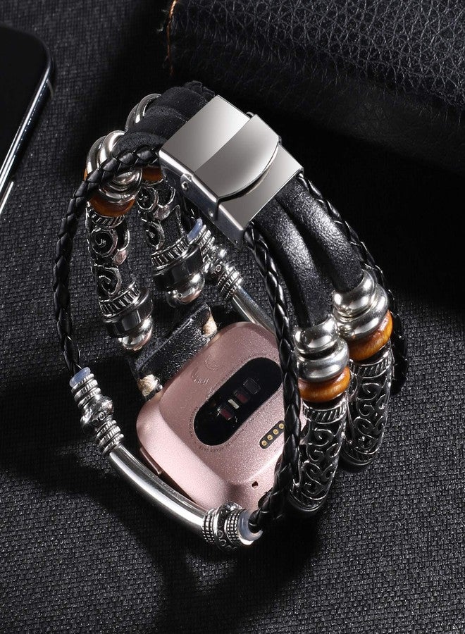 سوار بديل من الجلد الطبيعي مقاس 23 مم من KONAFEI متوافق مع أساور Fitbit Versa، مزود بمشبك من الفولاذ المقاوم للصدأ للرجال والنساء (أسود-C) - Image 3